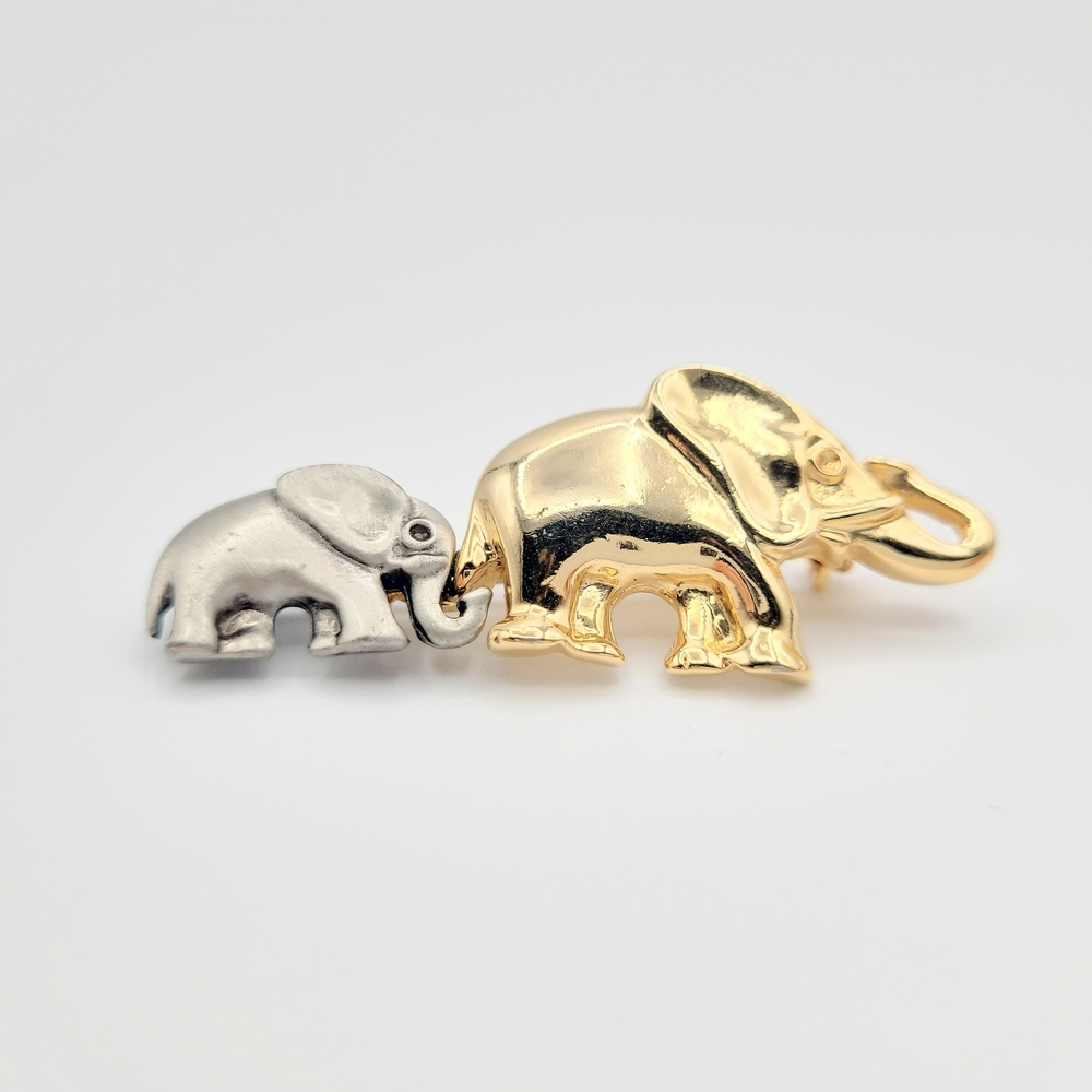 Vintage Mother Baby Elephant Brooch Gold Silver Tone